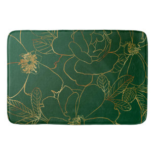 Elegant Green Gold Roses Floral Line Drawing Bath Mat
