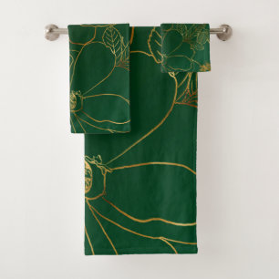 Elegant Green Gold Roses Floral Line Drawing Bath Towel Set