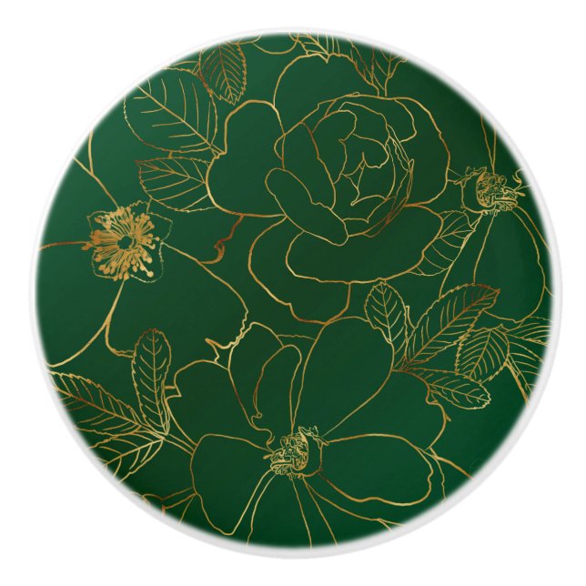 Elegant Green Gold Roses Floral Line Drawing Ceramic Knob (Front)