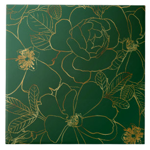 Elegant Green Gold Roses Floral Line Drawing Ceramic Tile