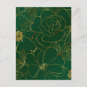 Elegant Green Gold Roses Floral Line Drawing Holiday Postcard