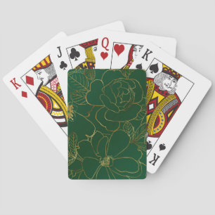 Elegant Green Gold Roses Floral Line Drawing Playing Cards