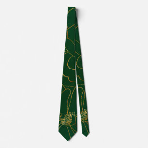 Elegant Green Gold Roses Floral Line Drawing Tie