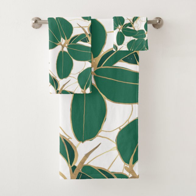 Elegant Green Gold Rubber Plant Foliage Design Bath Towel Set (Insitu)