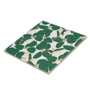Elegant Green Gold Rubber Plant Foliage Design Ceramic Tile