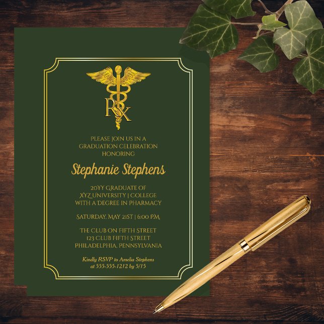 Elegant Green | Gold Rx Pharmacy Graduation Party Invitation (Elegant Green and Gold Tone Rx Pharmacy Pharmacist Graduation Party Invitation - Print | Download)