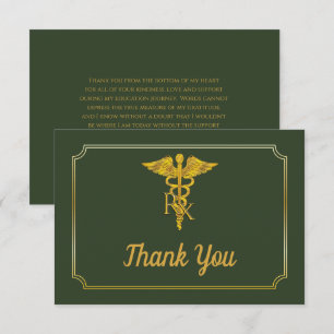Elegant Green Gold Rx Pharmacy Graduation Thank You Card