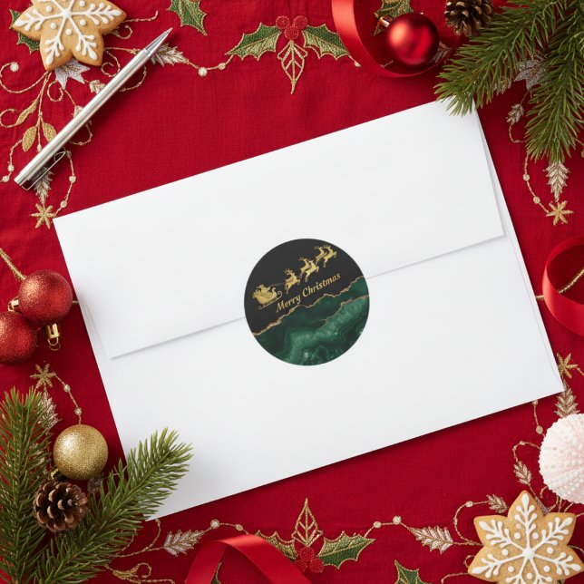 Elegant Green Gold Santa Sleigh Merry Christmas Classic Round Sticker (Creator Uploaded)