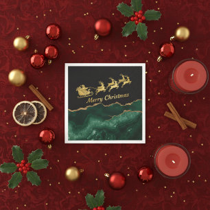 Elegant Green Gold Santa Sleigh Merry Christmas Napkin