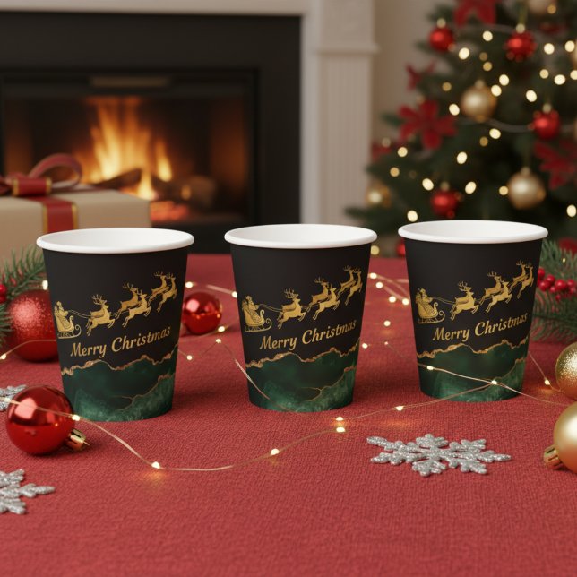 Elegant Green Gold Santa Sleigh Merry Christmas Paper Cups (Creator Uploaded)