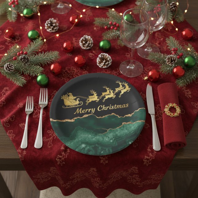 Elegant Green Gold Santa Sleigh Merry Christmas Paper Plate (Creator Uploaded)