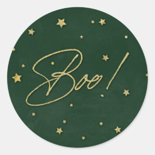 Elegant Green+Gold Scattered Stars Boo! Halloween Classic Round Sticker