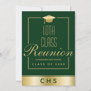 Elegant Green Gold Script 10th Class Reunion Invitation