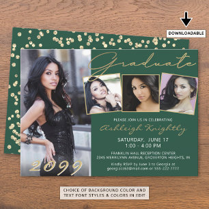 Elegant Green Gold Script 4 Photo Graduate Invitation