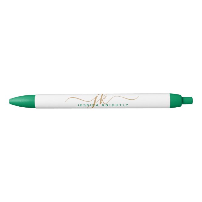 Elegant Green Gold Script Monogram Initials Name Black Ink Pen (Front)
