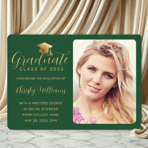 Elegant Green Gold Script Photo College Graduation Announcement