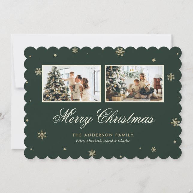 Elegant Green Gold Snowflake Photo Merry Christmas Holiday Card (Front)