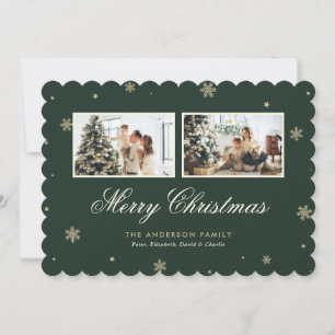 Elegant Green Gold Snowflake Photo Merry Christmas Holiday Card