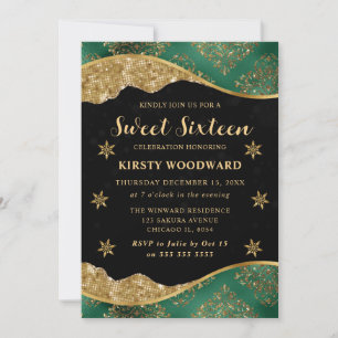 Elegant Green & Gold Snowflake Sweet 16 Invitation
