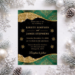 Elegant Green & Gold Snowflake Wedding Invitation