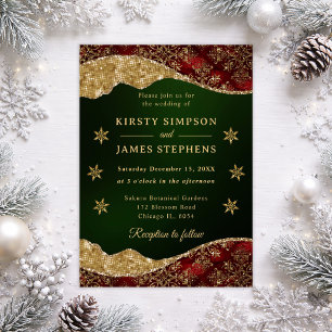 Elegant Green & Gold Snowflake Wedding Invitation