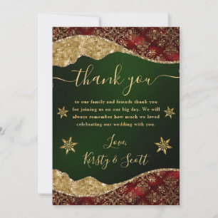 Elegant Green & Gold Snowflake Wedding Thank You Card
