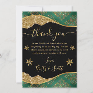 Elegant Green & Gold Snowflake Wedding Thank You Card