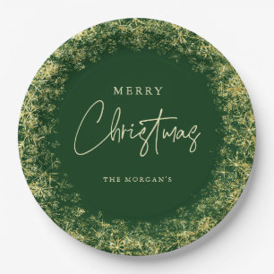 Elegant Green Gold Snowflakes Christmas  Paper Plate