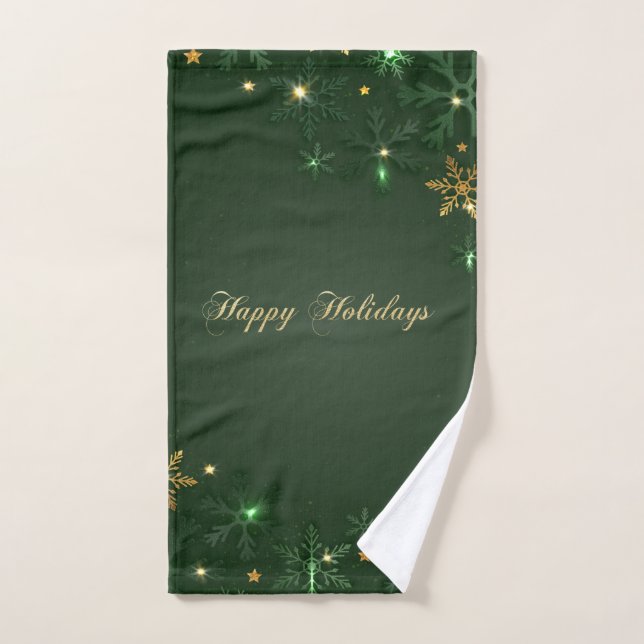Elegant Green Gold Snowflakes Holiday   Bath Towel Set (Hand Towel)