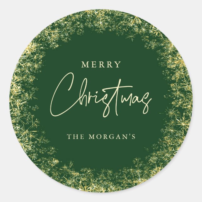 Elegant Green Gold Snowflakes Merry Christmas  Classic Round Sticker (Front)