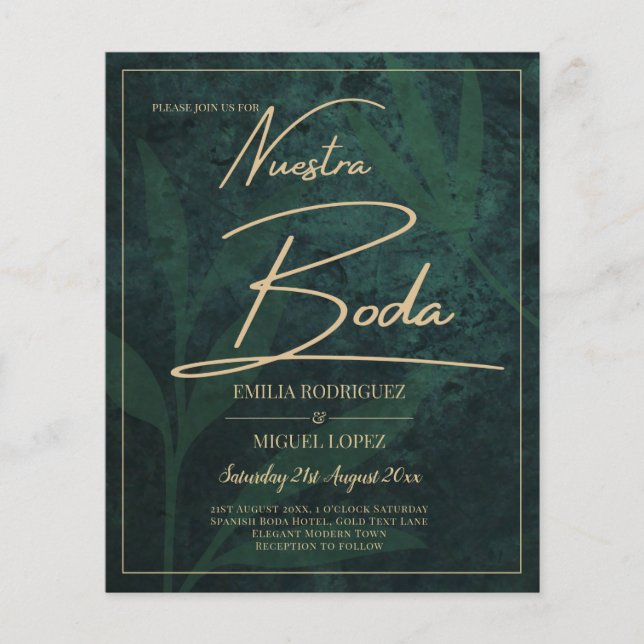 Elegant Green Gold Spanish BODA QR Code RSVP   Flyer (Front)