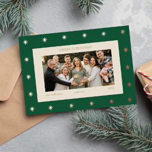 Elegant Green Gold Starry Christmas Family Photo Foil Holiday Card