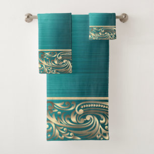 Elegant Green Gold Swirls Bath Towel Set