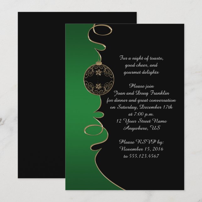Elegant Green Gold Swirls Black Christmas Party Invitation (Front/Back)