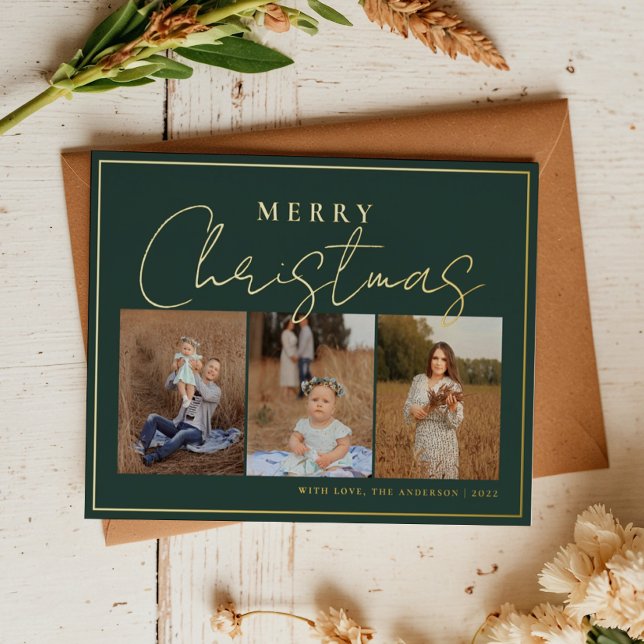 Elegant Green Gold Three Photo Collage With Frame Foil Holiday Postcard (Creator Uploaded)