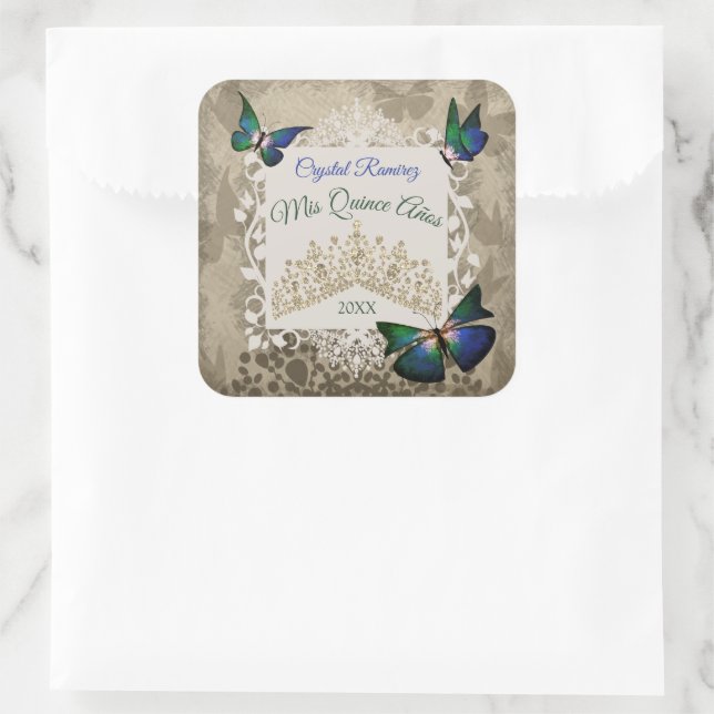 Elegant Green Gold Tiara Party Favour Quinceanera  Square Sticker (Bag)