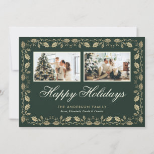 Elegant Green Gold Two Photo Happy Holidays Cards