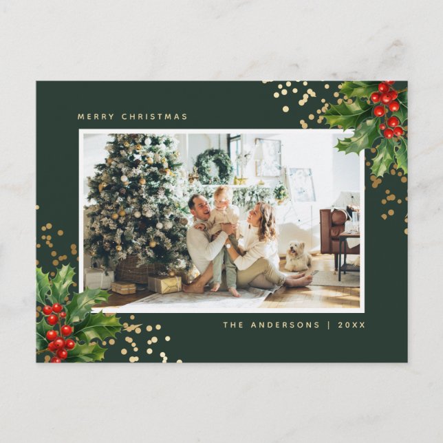 Elegant Green Gold Watercolor Holly Photo Holiday Postcard (Front)