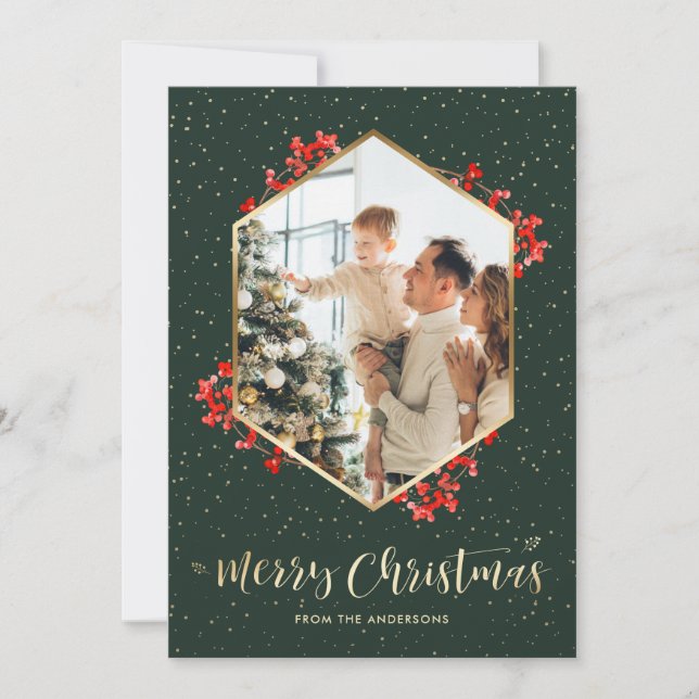 Elegant Green Gold Watercolor Photo Christmas Holiday Card (Front)