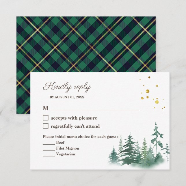 Elegant Green Gold Watercolor Tree Wedding RSVP Card (Front/Back)