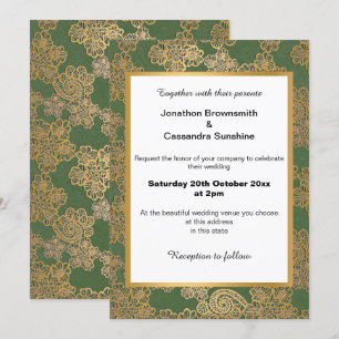 ELEGANT GREEN GOLD WHITE LACE WEDDING INVITATION