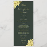 Elegant Green & Gold with Lilies Wedding Menu<br><div class="desc">This beautiful wedding menu features a simple yet elegant design of gold text on a green background with lilies and a gold heart on the back with the bride and groom's initials. This elegant menu can be used for a wedding reception, rehearsal dinner, or any event. 📌PIN this design to...</div>