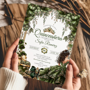 Elegant Green Golden Tiara Floral  Quinceañera Invitation