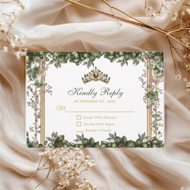 Elegant Green Golden Tiara Floral Quinceañera RSVP Card (Creator Uploaded)
