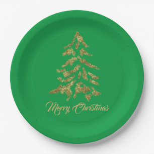 Elegant Green Golden Tree Merry Christmas Paper Plate