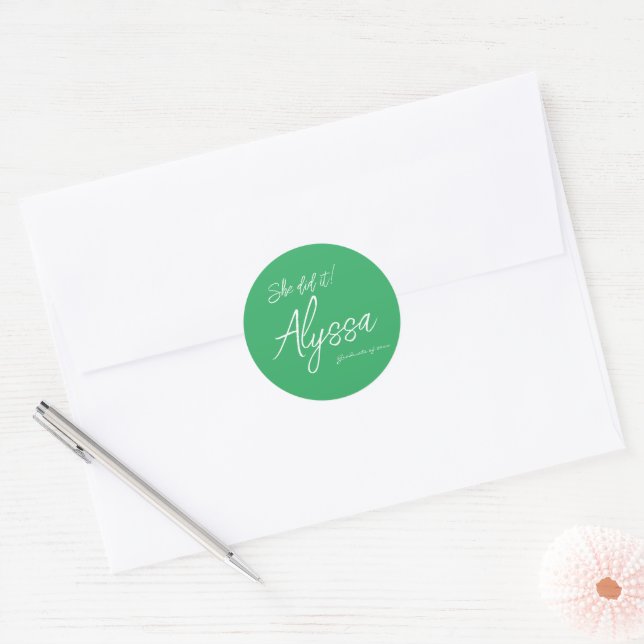 Elegant Green Graduation Party She Did It Classic Round Sticker (Envelope)