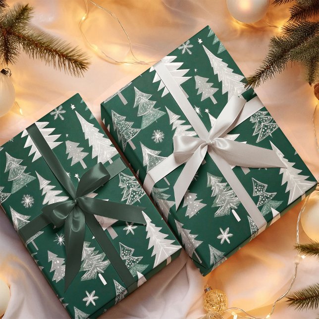 Elegant Green Grey Christmas Tree Pattern  Wrapping Paper (Creator Uploaded)
