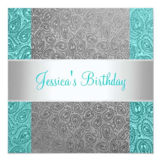 Elegant Green Grey Paisley White Birthday Party Card