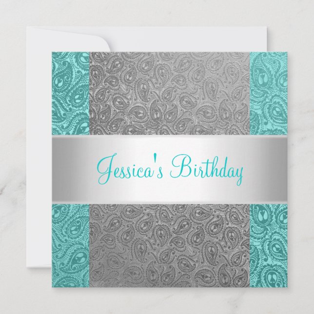 Elegant Green Grey Paisley White Birthday Party Invitation (Front)