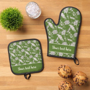 Elegant Green Grey White Dragonfly Floral Print Oven Mitt & Pot Holder Set